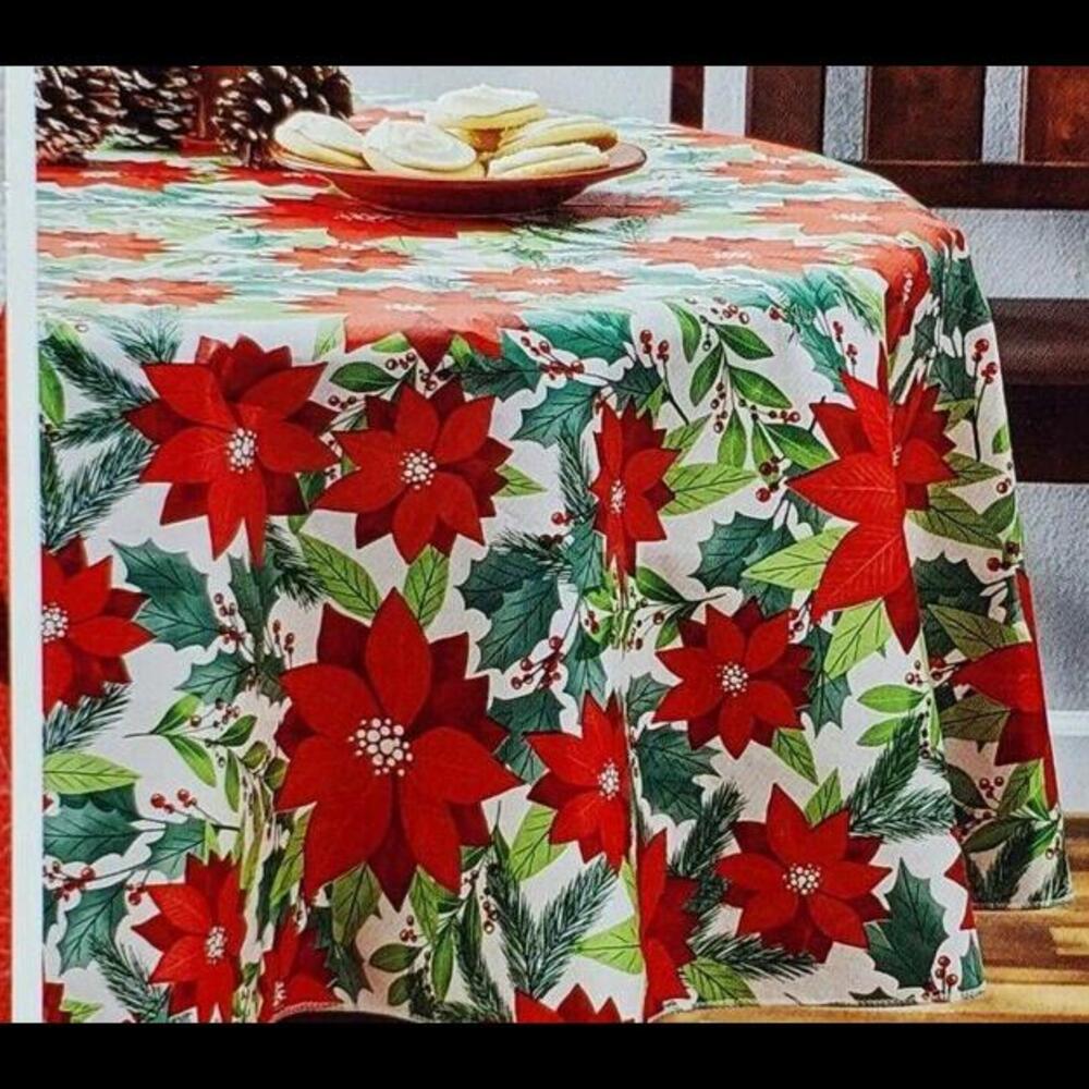 70" Round Peva Tablecloth Botanical Poinsettia Christmas Holiday Time